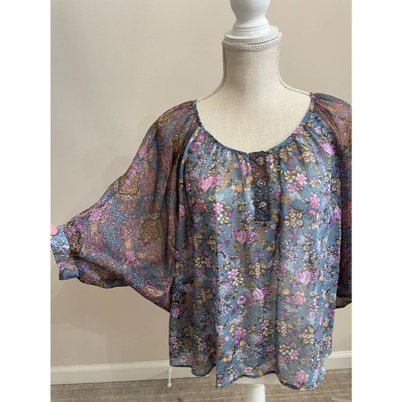 Copper Key Sheer Blouse Blue Purple Floral Flowy Shirt Sz M Kimono Sleeve - Picture 3 of 12